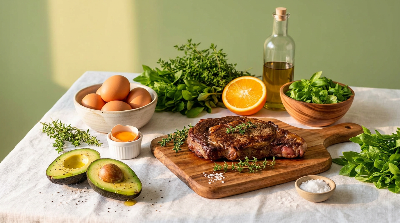 Huevos frescos, carne, palta, hierbas y aceite de oliva sobre una mesa de lino blanco